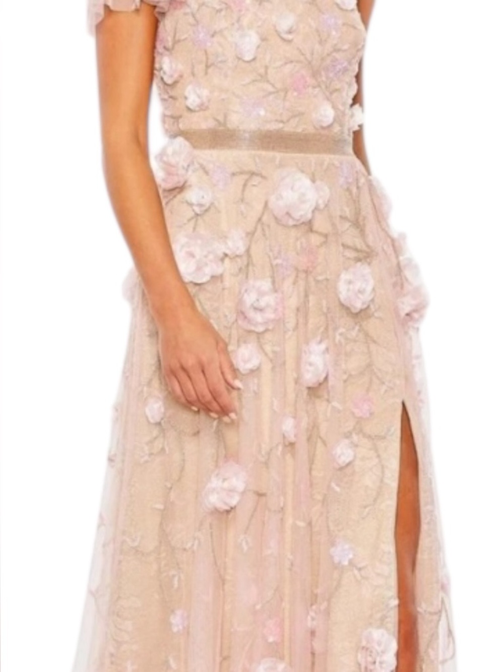 Mac Duggal Nude Blush 3D Floral Appliqué Maxi Dress